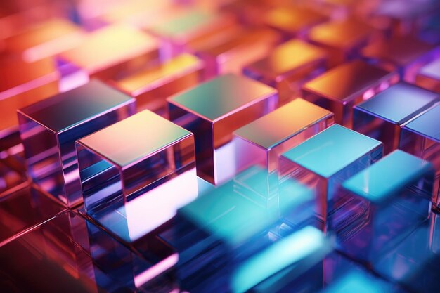 Colorful crystal block on mirrored surface in abstract background