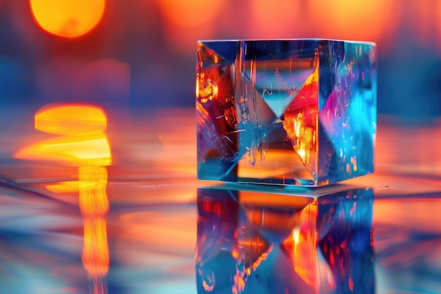 Цветный кристаллический блок на зеркальной поверхности в абстрактном фоне