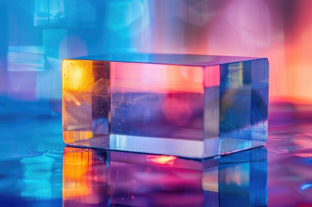 Colorful crystal block reflects gradient on mirrored surface