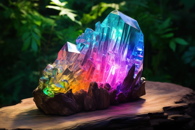 A colorful crystal on a wood surface