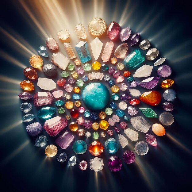 Colorful crystals and gems on the table beautiful photo digital picture Generated by AI