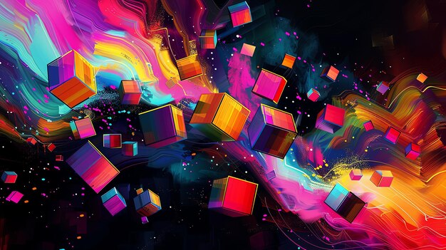 Photo colorful cubes exploding on a black canvas