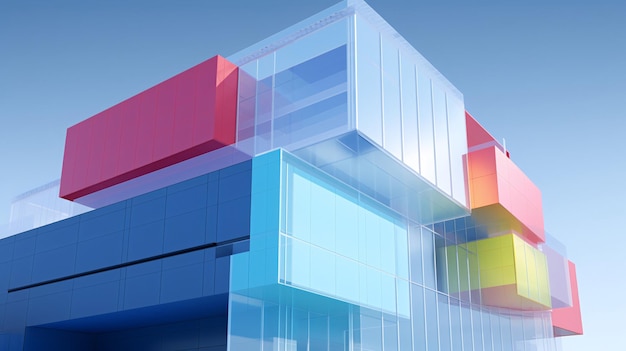 Colorful cubes in a geometric pattern Abstract architectural composition against blue sky