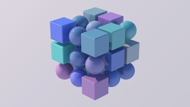 カラフルな立方体と球。抽象的なイラスト、3Dレンダリング。