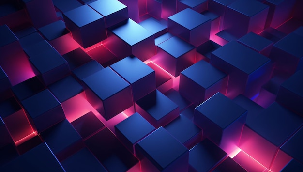青色の背景と紫、赤、青の透明な正方形テクノロジーを備えたカラフルな立方体