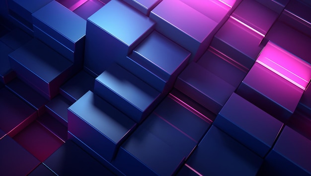 파란색 배경과 보라색 및 빨간색 및 파란색 투명 사각형 기술이 있는 다채로운 큐브