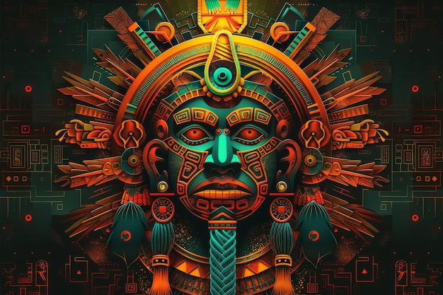 Colorful cultural mask illustration with cool tones and abstract elements