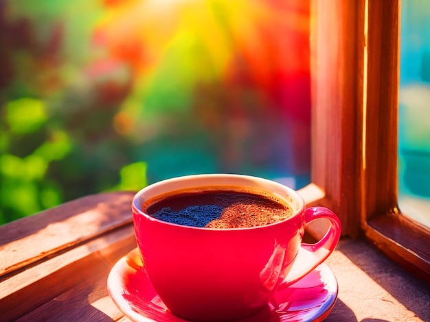 Photo colorful cup of coffee filled with bright red and green coffee beans sits on a sunny windowsill im