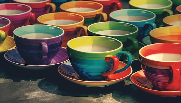 A colorful cup of coffee sits on a table with other cups.