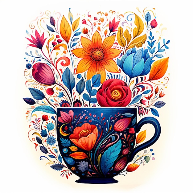 A colorful cup with a flower design on it