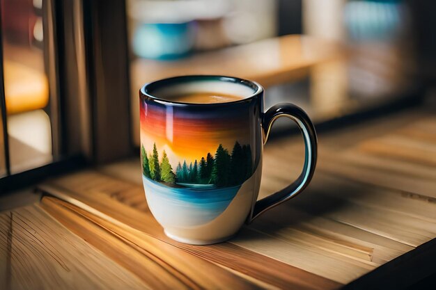 a colorful cup with a picture of a forest on it