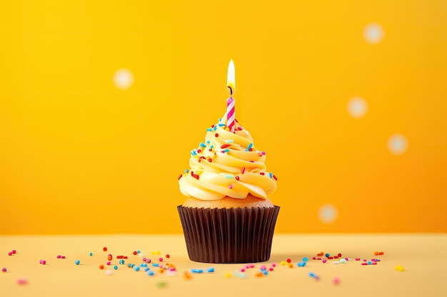 Colorful cupcake with candle and confetti on yellow backdrop