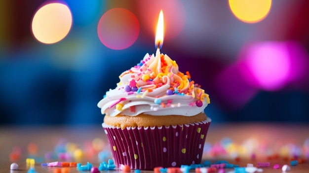 Photo colorful cupcake with candle and sprinkles