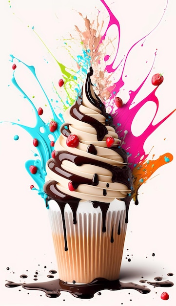 A colorful cupcake with chocolate and vanilla ice cream on top.