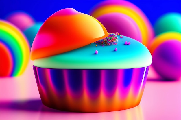 A colorful cupcake with a colorful design on the top.