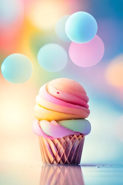 A colorful cupcake with ice cream on top