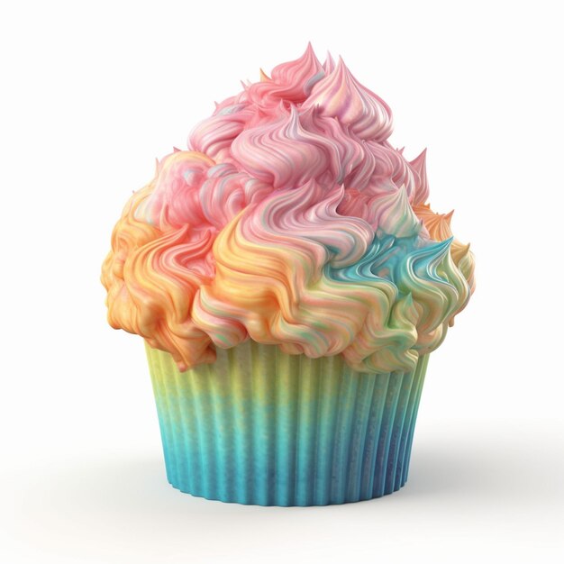 A colorful cupcake with pink frosting and a rainbow design on the top.