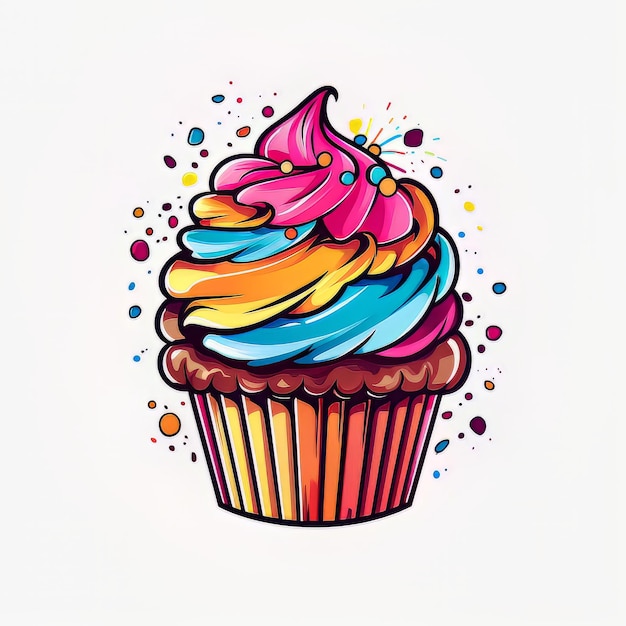 A colorful cupcake with a pink icing on it.