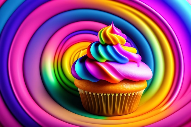 A colorful cupcake with a rainbow colored background.