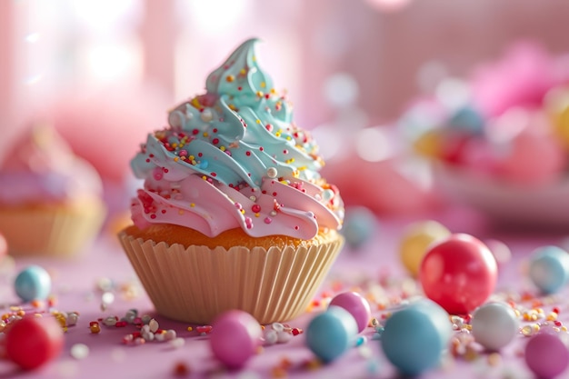 Colorful Cupcake with Sprinkles and Candy