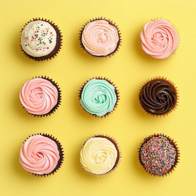 colorful cupcakes on pastel yellow background overhead view