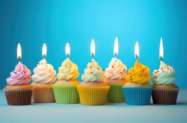 colorful cupcakes with blue candles