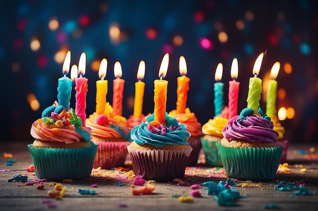 Photo colorful cupcakes with candles spelling happy birthday