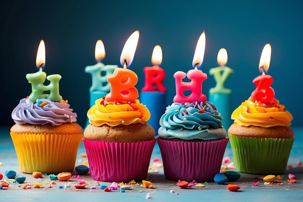 Photo colorful cupcakes with candles spelling happy birthday