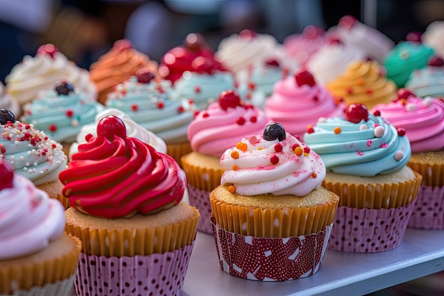 Colorful cupcakes with various decorations at a small pastry shop