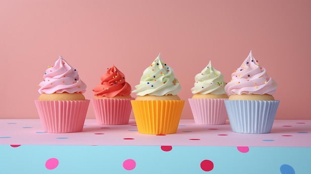 Colorful cupcakes with whipped cream and sprinkles presented on a polkadot surface against a pink ba