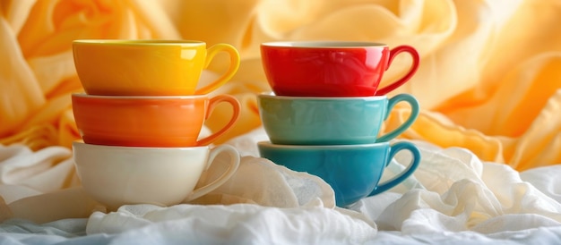 Photo colorful cups stack on white blanket