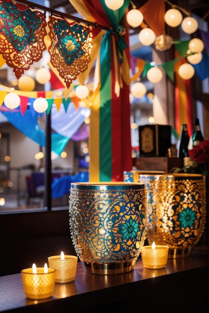 Colorful cups and warm candles embodying hispanic tradition