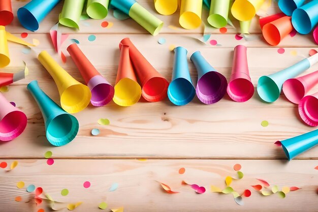 Colorful cups on a wooden background with colored confetti