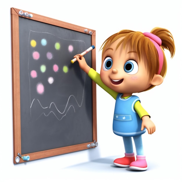 Colorful Curiosity 3D Cartoon Little Artist Tracing on Blackboard