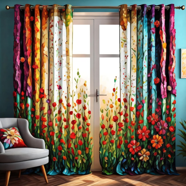 Photo a colorful curtain with a floral pattern on it