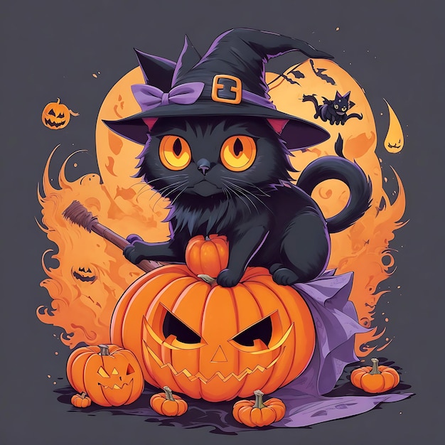 A colorful cute black cat on pumpkin