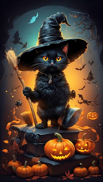 A colorful cute black cat on pumpkin