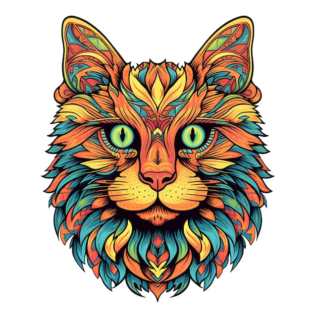 A colorful cute cat face vibrant tshirt design Cat in vibrant primary colors with psychedelic