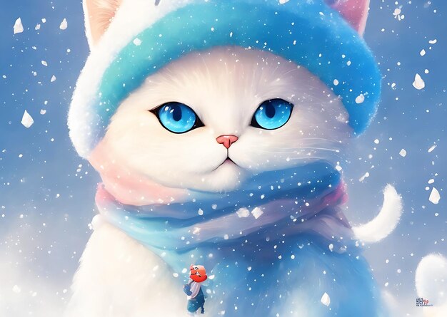 Colorful cute cat wearing russian winter hat and holding snowflake fantasy splash frost modern t