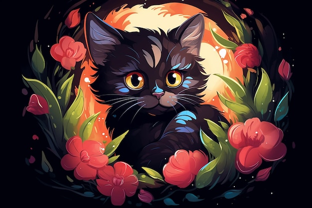 Colorful cute cat with flower border in vector flat styl