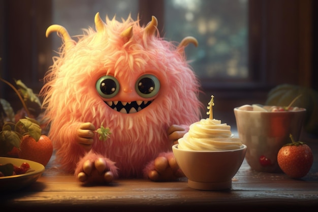 Colorful cute monster eating funny kid bakery generate ai