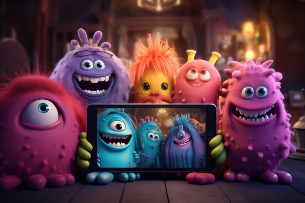 Photo colorful cute monsters having a video call with family and friends