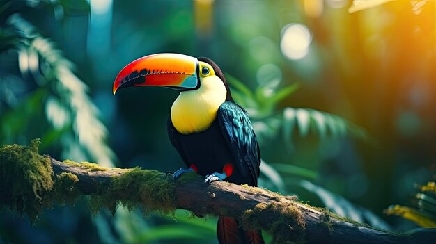 Foto l'uccello tropicale colorato e carino del toucan