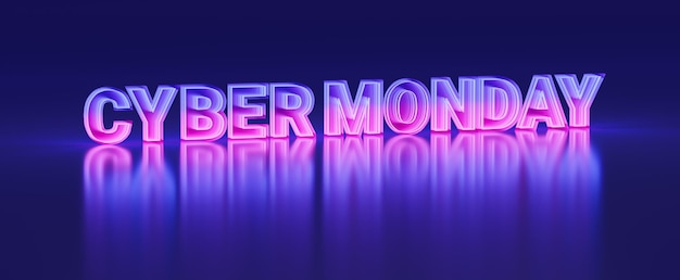 Colorful Cyber Monday glowing neon banner, futuristic online shopping store sale promotion sign with infinite mirror light style 3D illustration