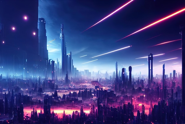 Colorful Cyberpunk metaverse city background in anime style Concept art Digital painting Fantasy illustration