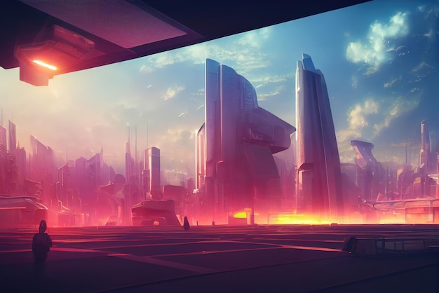 Colorful Cyberpunk metaverse city background in anime style Concept art Digital painting Fantasy illustration