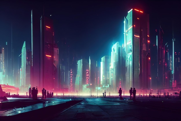 Colorful Cyberpunk metaverse city background Concept art Digital painting