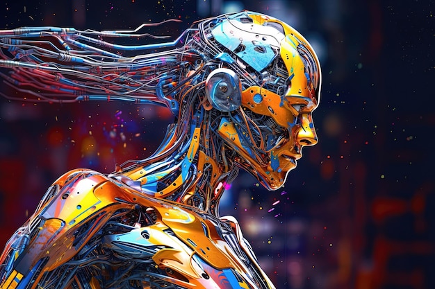 Colorful Cyborg Artificial intelligence AI robot with digital paint on body