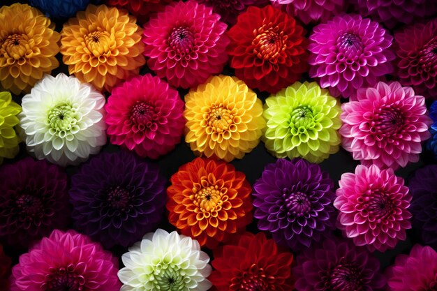 Colorful dahlia flowers close up background Top view