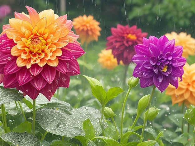 Красочные цветы далии смешиваются с каплями дождя в деревенском саду на заднем плане заката